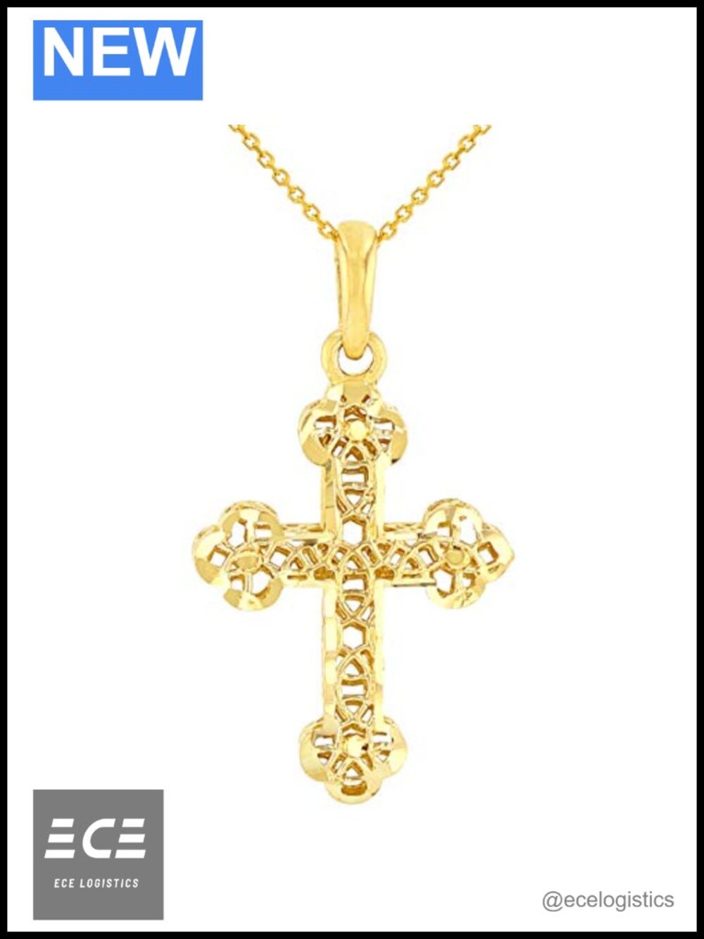 14k Yellow Gold Textured Filigree Orthodox Cross Pendant Necklace